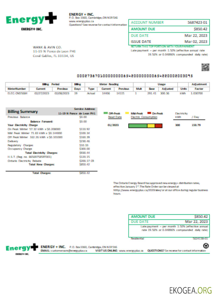 Facture commerciale du service public d'électricité Energy Plus, SCR
